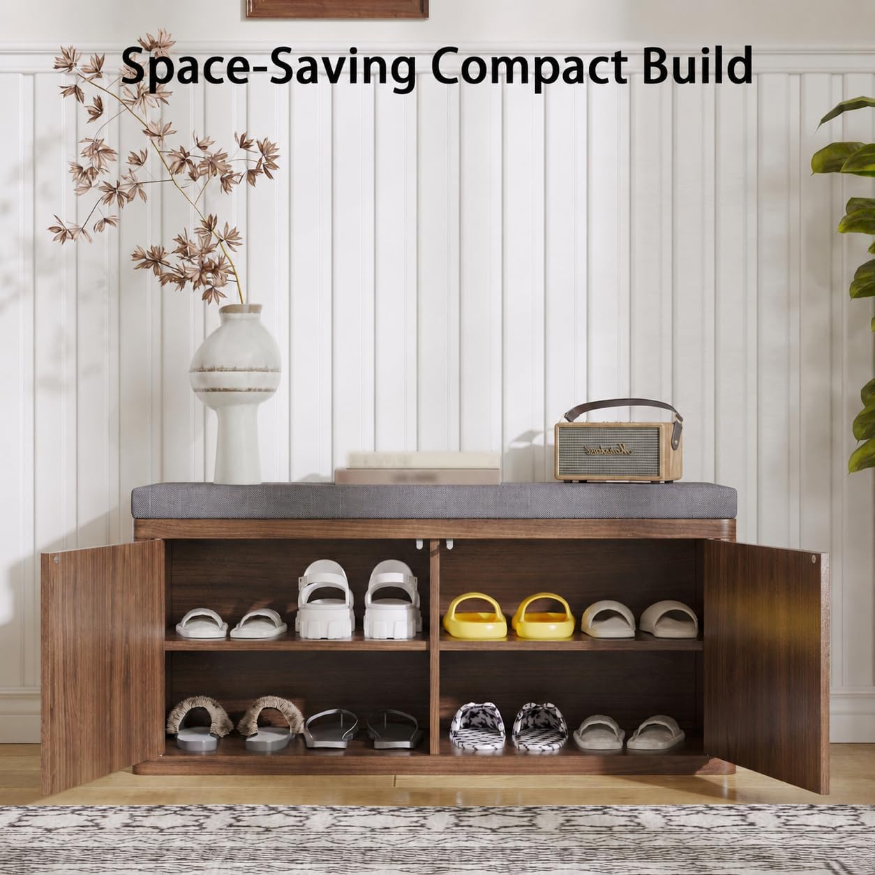 Shoe Cabinet Bench with Cushion,Double Layered Wooden Shoe Bench with Soft Cushion,Shoe Rack for Entryway,Bedroom,Living Room (Walnut Sturdy Entryway Bench)