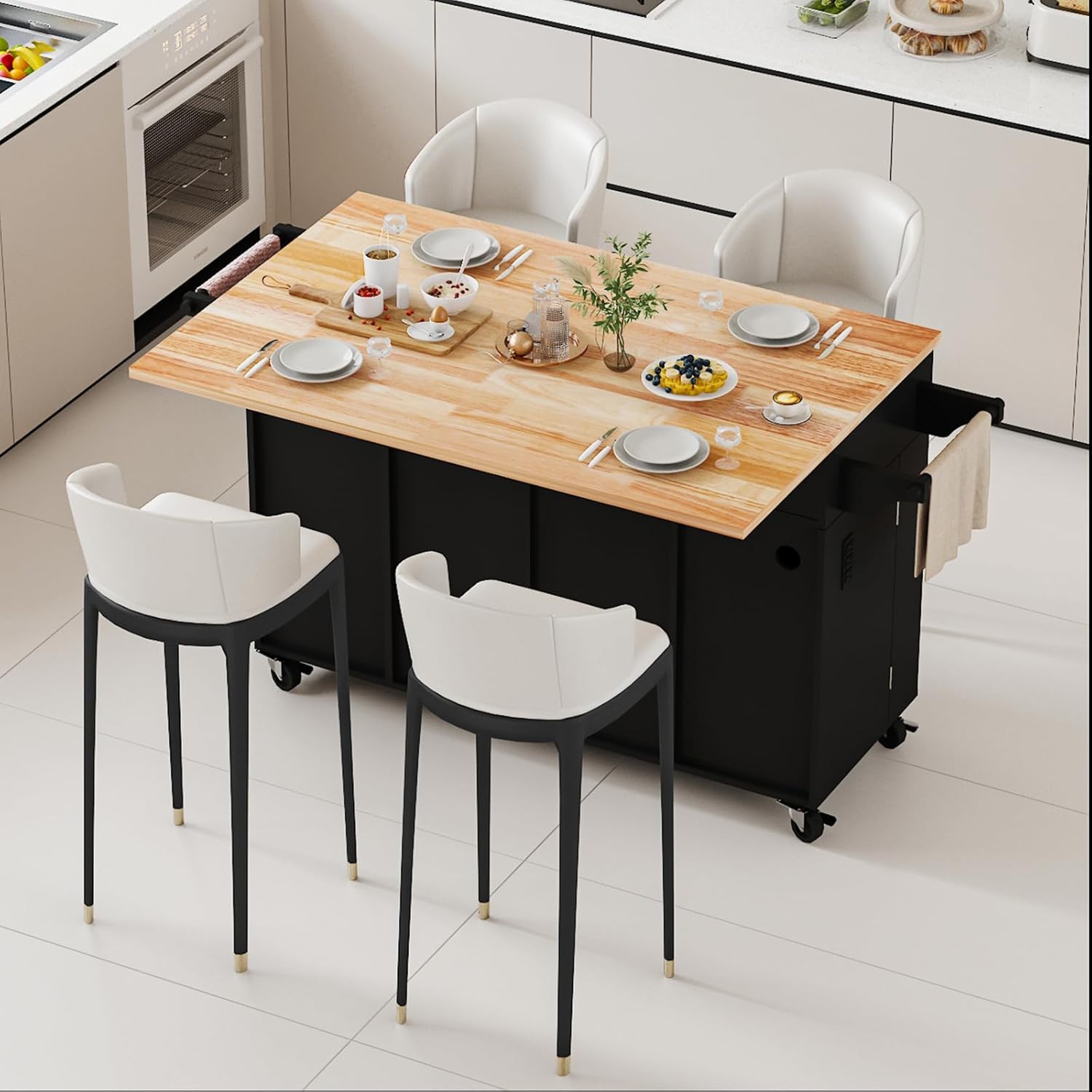 Kitchen Island Cart with Storage on Wheels, 59" Large Rolling Kitchen Island with Drop Leaf, Mobile Island for Kitchen with Towel Rack, Drawers for Dining Room, Black