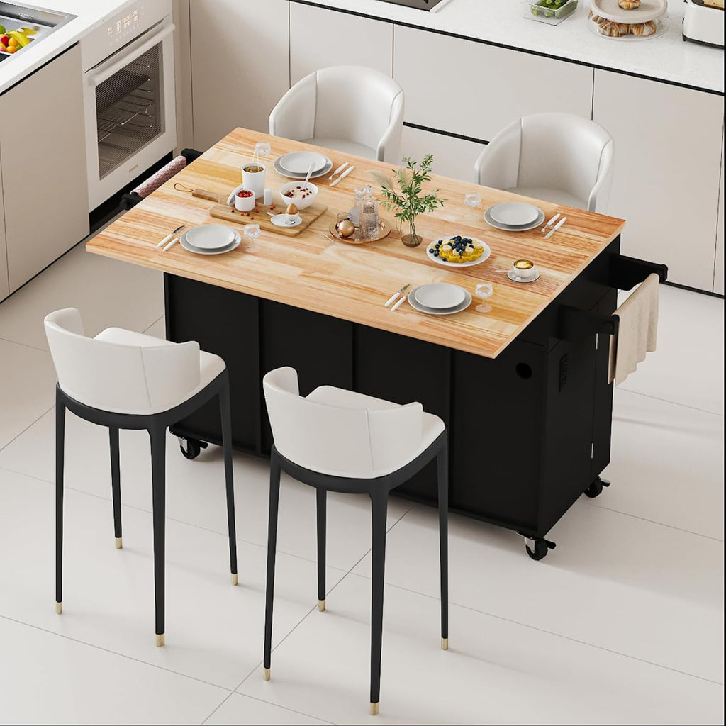 JassmiPkwy 59’’ Rolling Kitchen Island Cart with Drop Leaf and Power Outlet, Movable Kitchen Islands with 3-Tier Door Storage Shelf, Island Table on Wheels, 2 Large Drawers, Towel Racks, Black