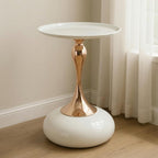 Round Side Table, White and Rose Gold, Cocktail End Table for Living Room, 14.96" Dia x 21.26", Glossy Finish