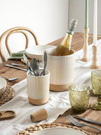LE TAUCI Ceramic Kitchen Utensil Holder Set of 2 - 6.9"+5.3" Large Cooking Utensil Crock & Organizer for Spatula, Spoon, Whisk - Farmhouse Countertop Storage, Cream Beige, Line