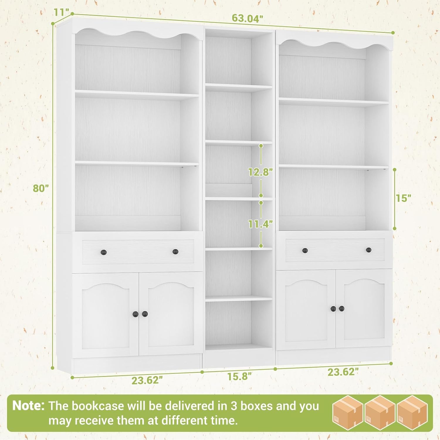 Cyclysio 80" Tall Pantry Cabinet Set of 3, Wood Kitchen Hutch with Open Shelves, Drawers & Cupboards, Flush-to-Wall Coffee Bar Cabinet with Baseboard Cutout, White