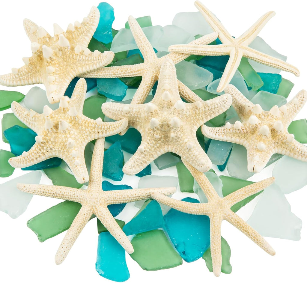JQAQJU 8PCS Starfish & 9OZ Green Sea Glass Decor for Crafts, Frosted Seaglass Pieces & Starfish, Beach Glass for Crafts Wedding DIY Crafting Ornaments Christmas