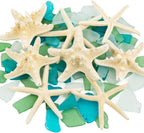JQAQJU 8PCS Starfish & 9OZ Green Sea Glass Decor for Crafts, Frosted Seaglass Pieces & Starfish, Beach Glass for Crafts Wedding DIY Crafting Ornaments Christmas