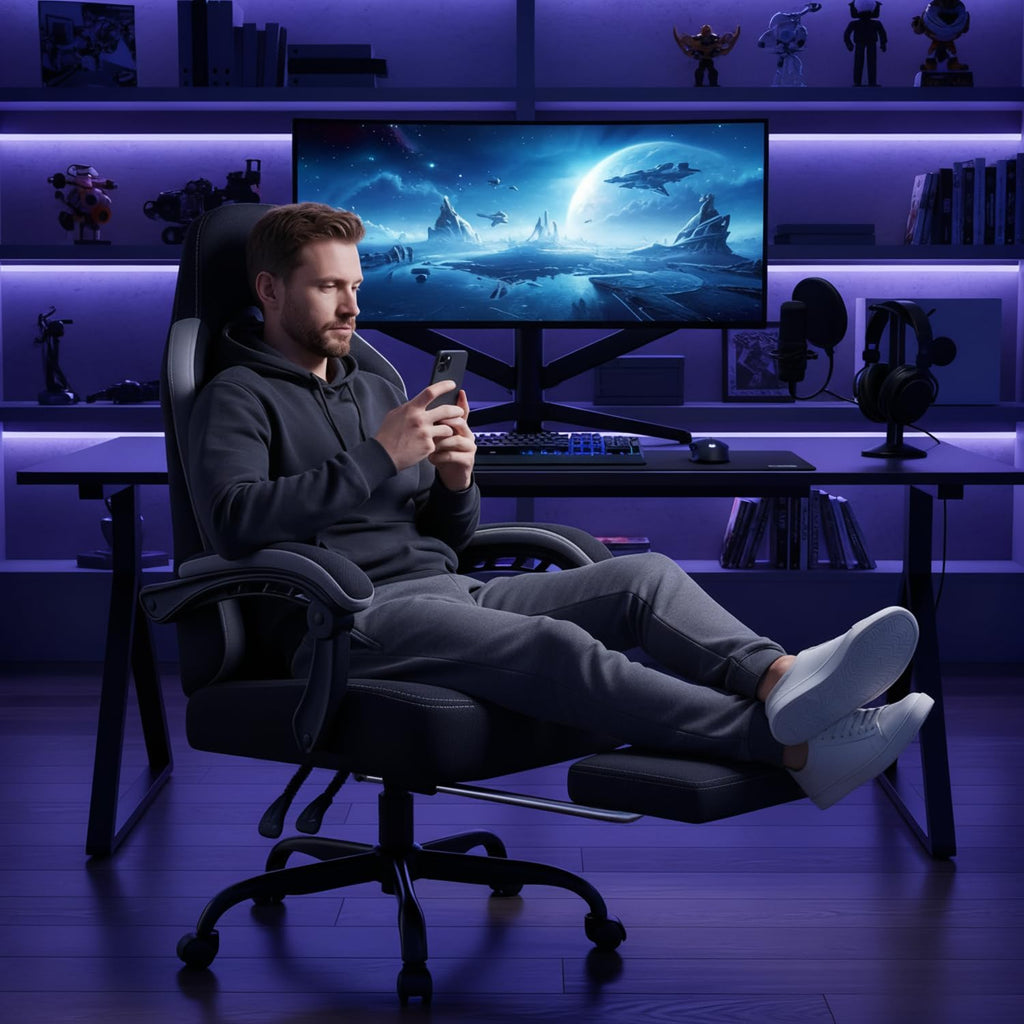 LEMBERI Gaming Chair, Fabric Big and Tall Video Game Chair with Footrest, Massage Lumbar Support, Racing Style Ergonomic Computer Gamer Chair with Adjustable Headrest (Gray)