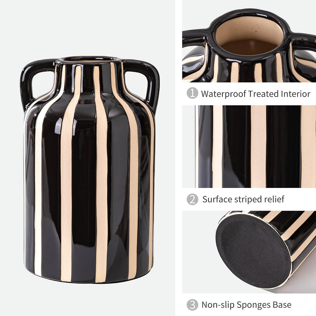 SURE YUESI Black Ceramic Vase with Handles, Modern Farmhouse Striped Decorative Vase, 9.1" Art Deco Tall Flower Vases for Pampas Grass, Shelf Decor, Dining Table Centerpiece, Living Room Home Decor
