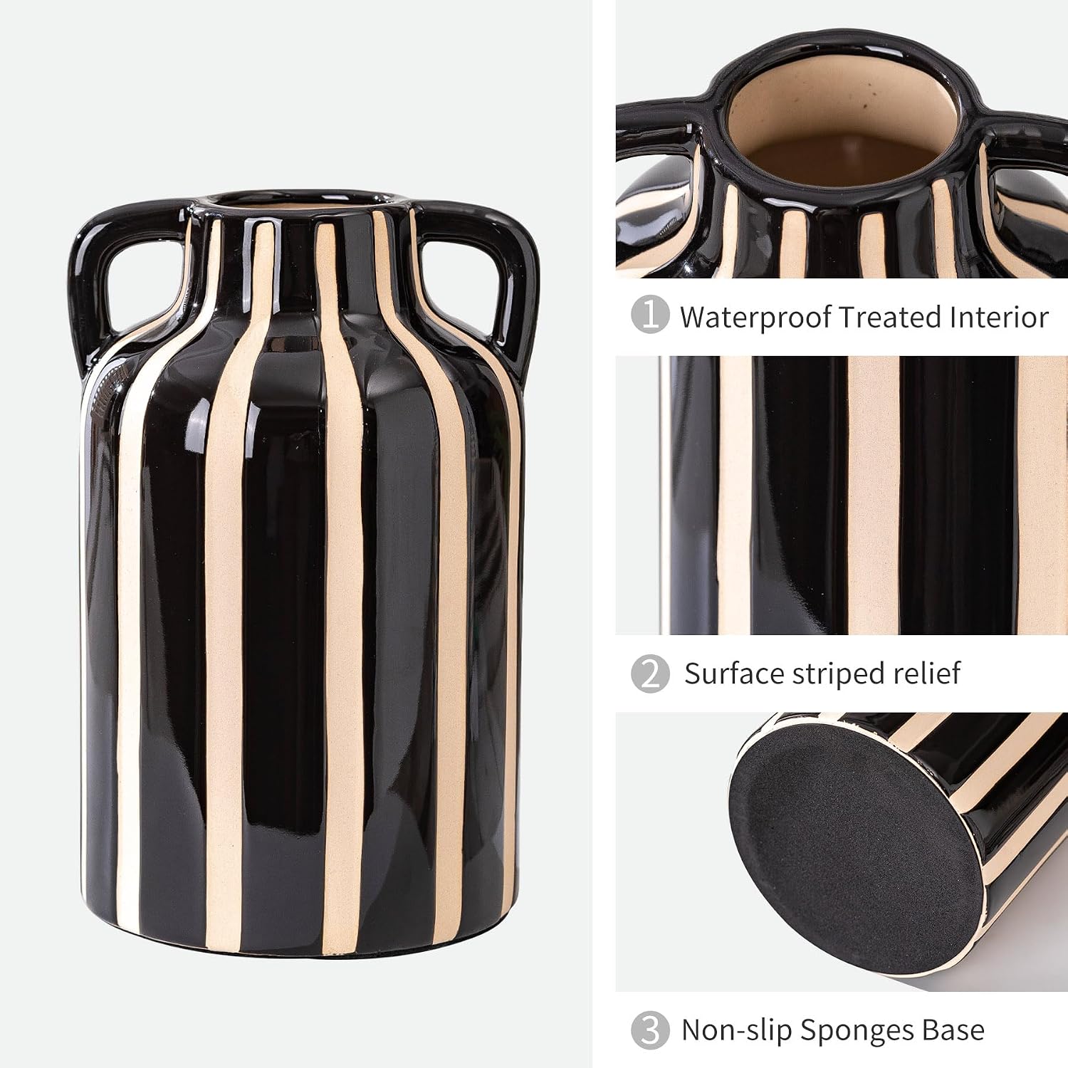 SURE YUESI Black Ceramic Vase with Handles, Modern Farmhouse Striped Decorative Vase, 9.1" Art Deco Tall Flower Vases for Pampas Grass, Shelf Decor, Dining Table Centerpiece, Living Room Home Decor