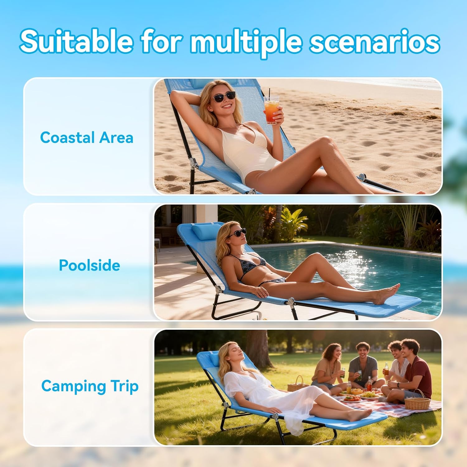 Outdoor Chaise Lounge with Detachable Pillow, Reclining Folding Chair with 5-Position Adjustable Back, Portable Tanning Chair for Beach, Pool, Lawn, Breathable Mesh Seat, No Assembly
