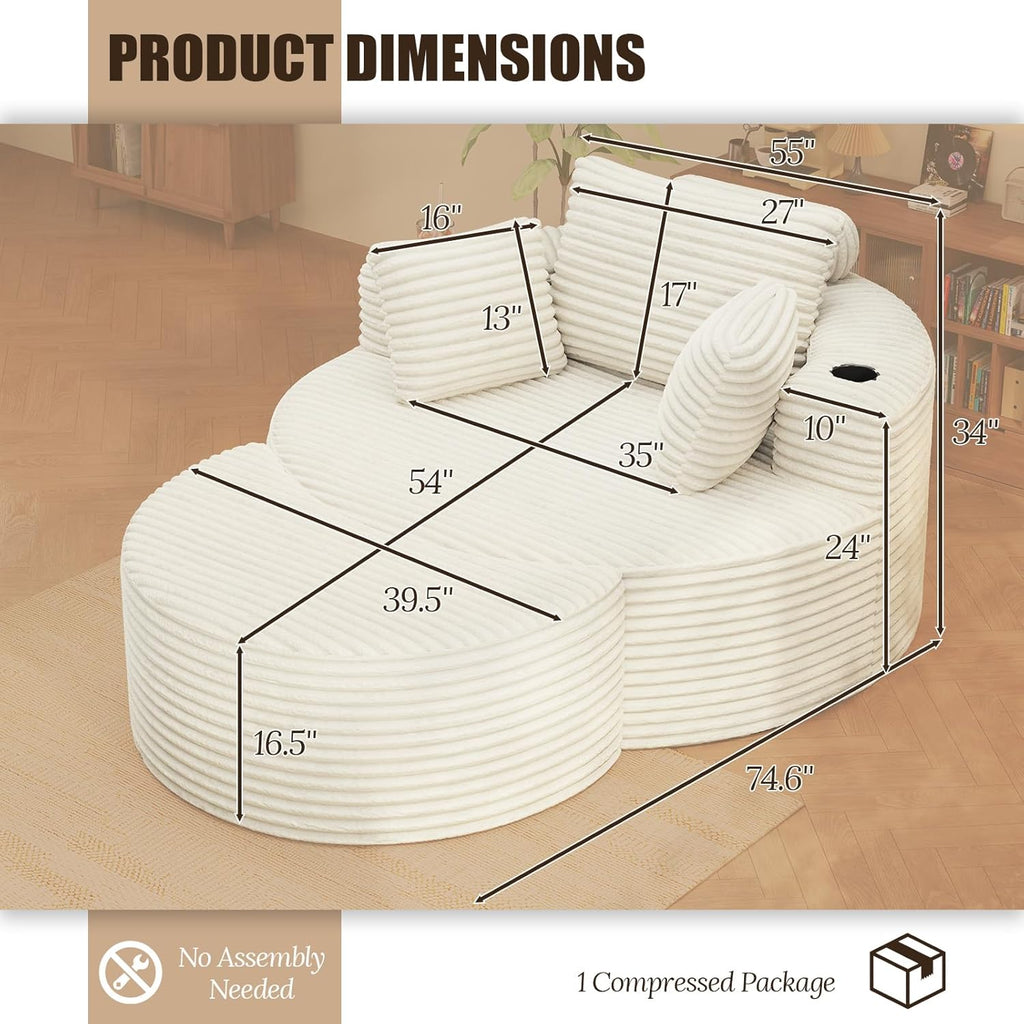 Round Chaise Lounge with Ottoman, Boneless Cloud Corduroy Curved Reading Lounge Sofa Chair with Cup Holders, Circle Memory Foam Chaise Chair and Ottoman Set for Study, Living Room, Sunroom, Beige