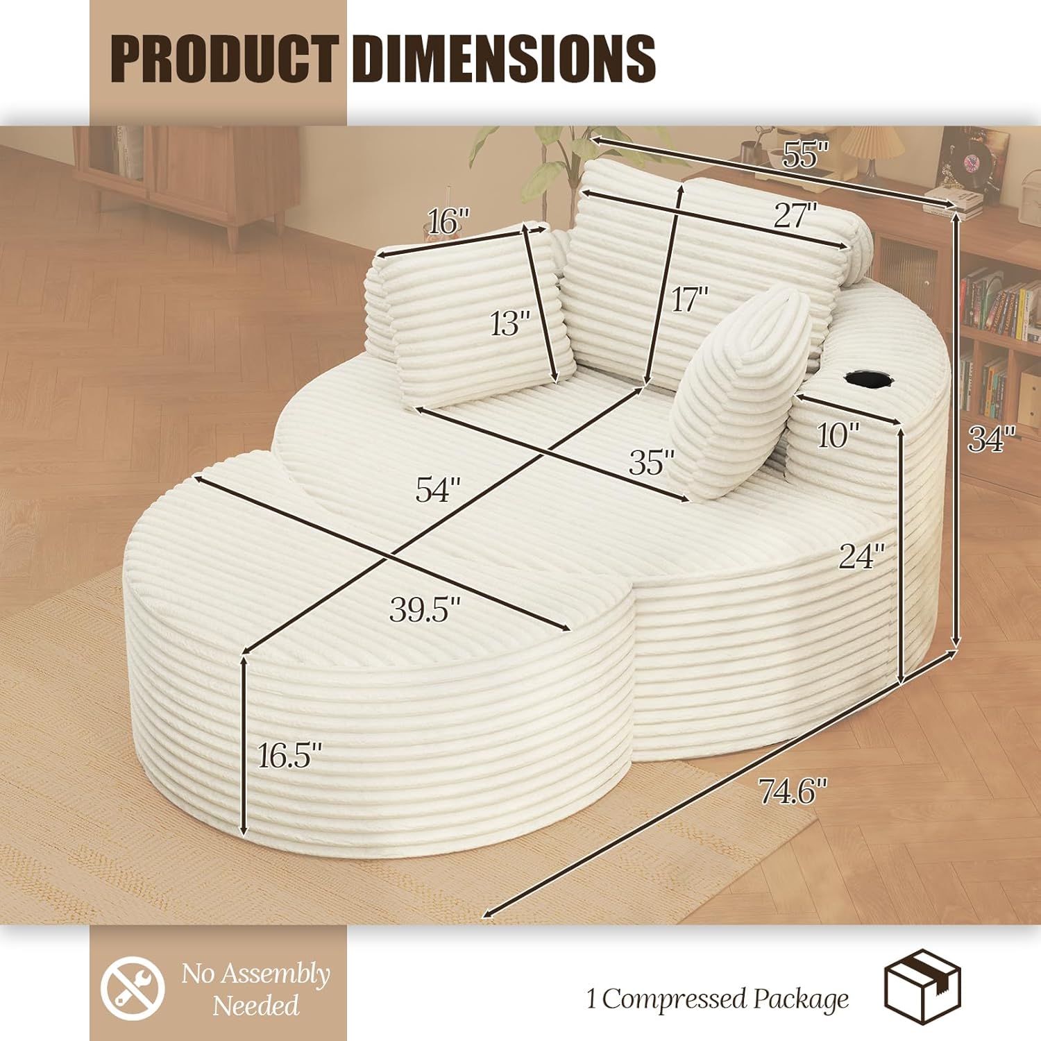 Round Chaise Lounge with Ottoman, Boneless Cloud Corduroy Curved Reading Lounge Sofa Chair with Cup Holders, Circle Memory Foam Chaise Chair and Ottoman Set for Study, Living Room, Sunroom, Beige