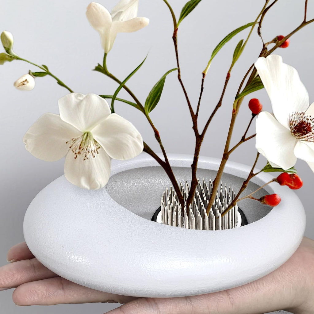 Flower Frog Vase Kit, Ikebana Flower Arrangement, Ceramic Water Drop Flower Pot & Flower Frog Flower Arrangement Vase Kit (White Small Size)