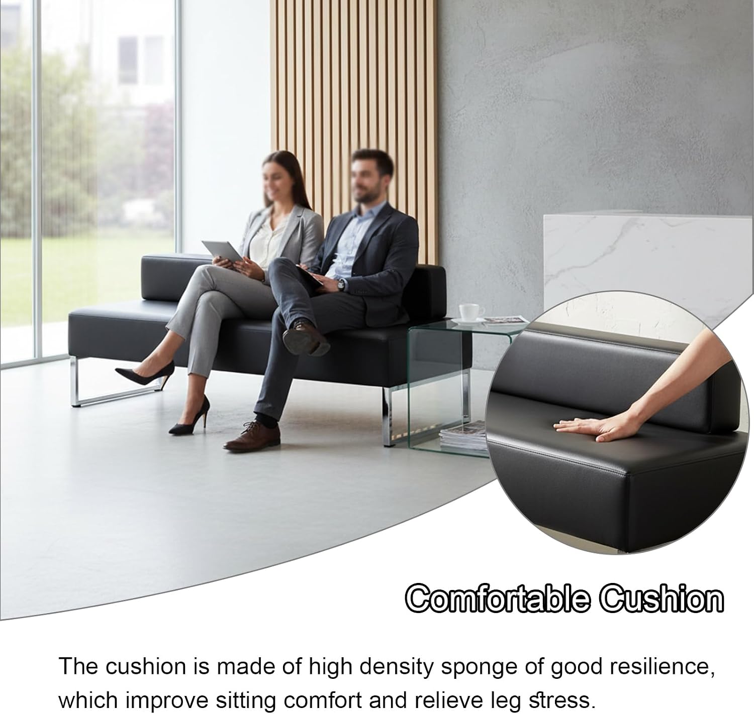 Modern Waiting Room Bench with Backrest Upholstered Office Guest Chair Metal Frame Reception Seating for Lobby Salon Airport Bank and Conference Room Black Frame 17" Dx47 Wx17 H