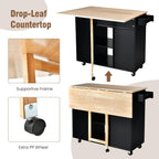 Giantex Kitchen Island Cart Drop-Leaf Countertop, Rubber Wood Breakfast Dining Table w/Large Drawer, Storage Shelves, 4-Tier Spice Rack, Rolling Serving Cart on 5 Wheels for Home Coffee Bar (Black)