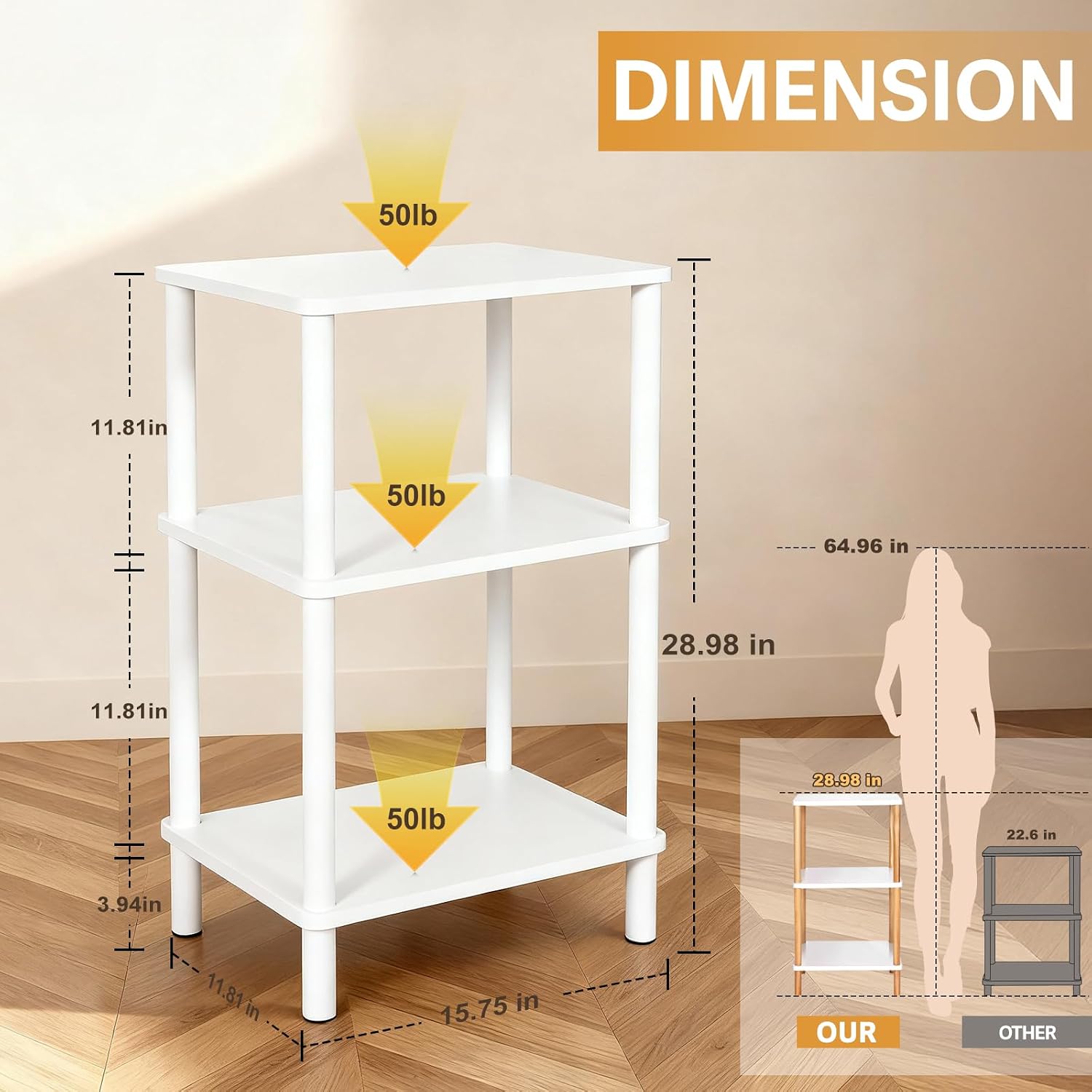 YGYQZ 3 Tier White Side Table ，Small End Table with Solid Wood Legs，28' Tall Bedside Table with Storage Shelf，Nightstand for Small Spaces，Living Room,Bedroom，Bathroom,No Tool Installation