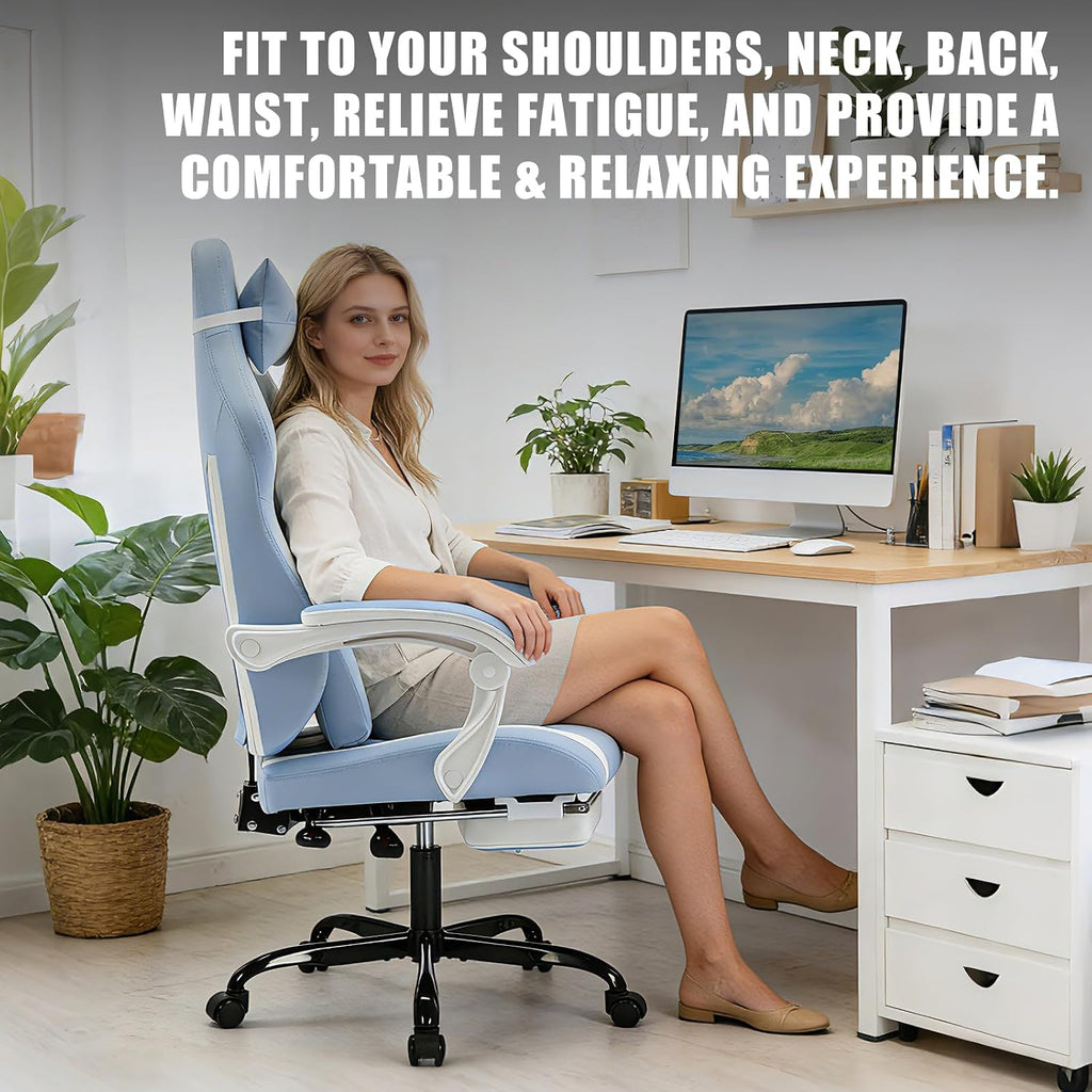 Gaming Chair with Footrest and Massage Lumbar Support, Ergonomic Computer Gamer Chair, Office Video Game Chairs (Cyan White)