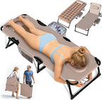 Suteck Tanning Chair with Face Hole, Folding Beach Lounge Chairs, Beige | Adjustable 5-Position Reclining Chaise, Removable Cushion & Pillow, Cooler Bag, 500Lbs Heavy-Duty for Outdoor Camping& Home