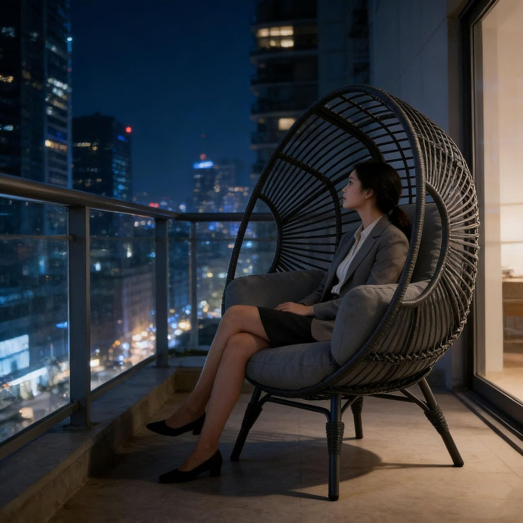 Indoor Egg Chair Wicker Outdoor, 400lbs Capacity, Weather-Resistant PE Rattan, 8-Inch Cushion Balcony Chairs(Black+Gray)