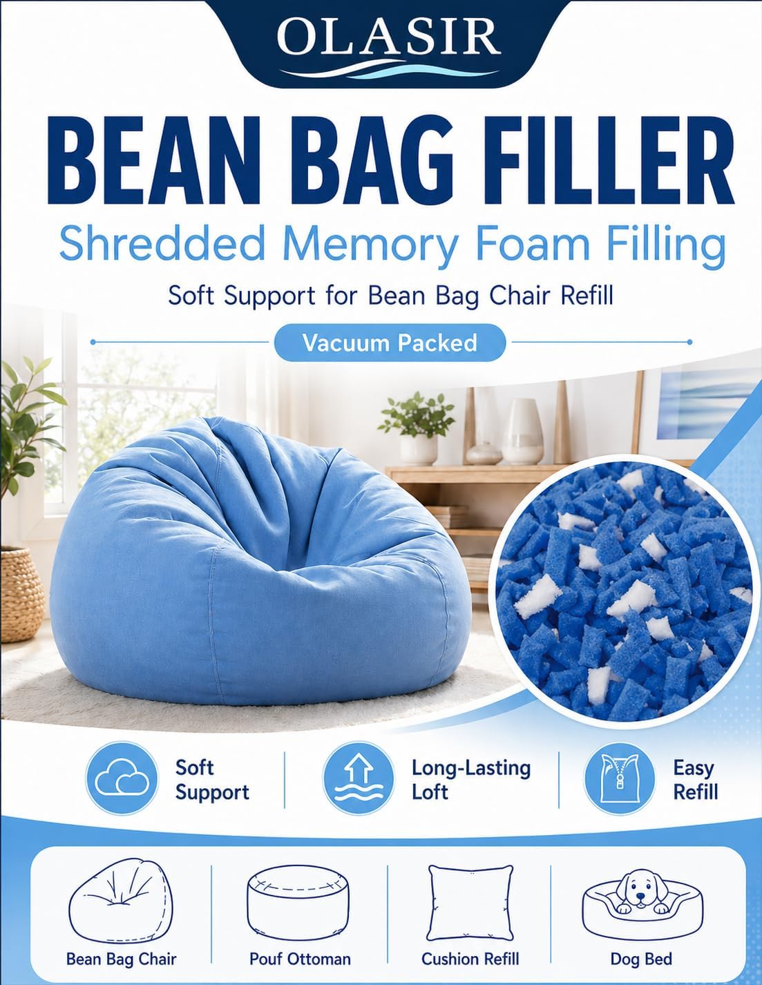 Bean Bag Filler, 6lbs Shredded Memory Foam Filling, Memory Foam Pillow Stuffing for Bean Bag Refill, Couch, Cushion, Stuffed Animals, Dog Bed, Arts Crafts,Blue and White