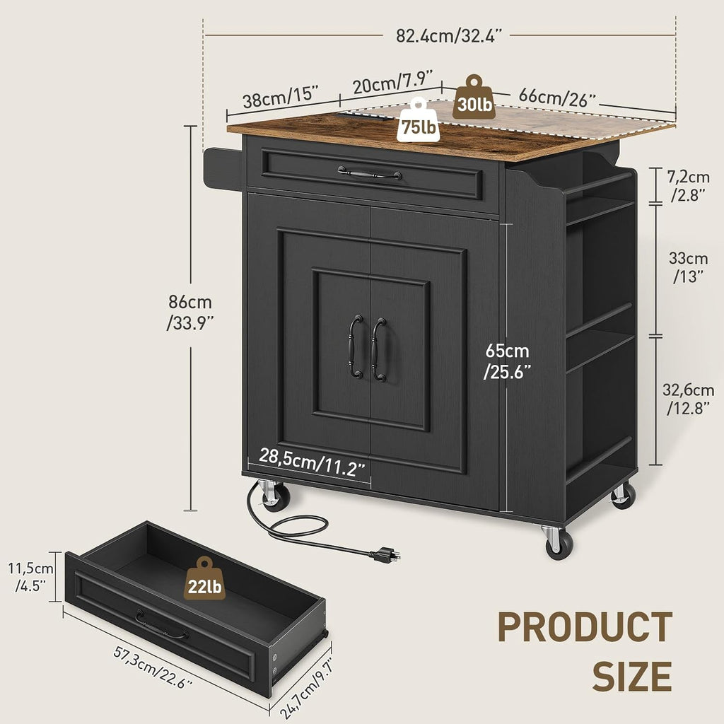 RALGEND Kitchen Island with Power Outlets & Drop Leaf, Rolling Kitchen Cart on Wheels, Kitchen Storage Island with Spice Rack and Drawer for Kitchen, Dinning Room, Black and Rustic Brown