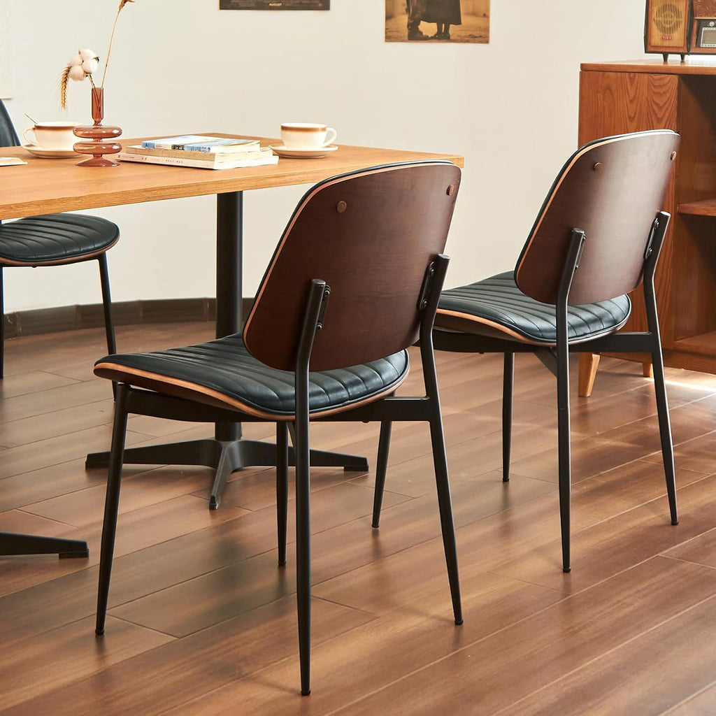 Mid Century Modern Dining Chairs Set of 6, Retro Chair with Faux Leather Upholstered Seat/Back & Metal Legs & Leg Protectors for Kitchen (Dark Green)