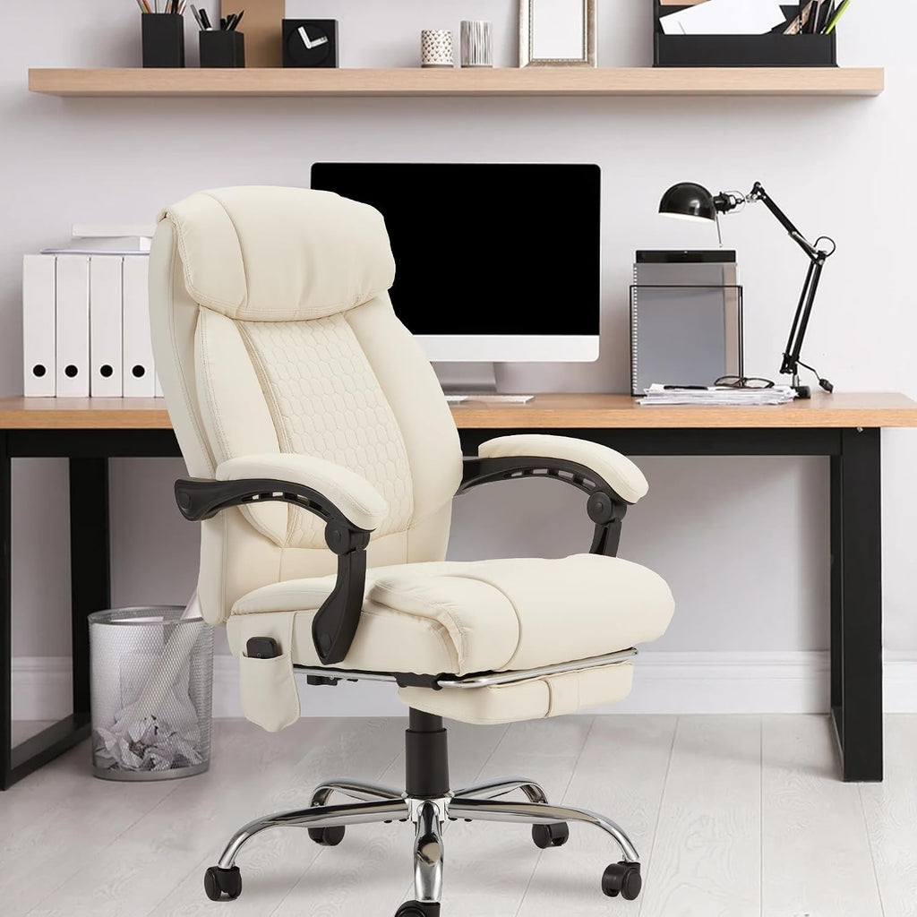 HOMREST Heated Office Chair, Beige | Vibrating Massage, Ergonomic Executive Desk Chair, Retractable Footrest and Lumbar Support, High-Back Reclining PU Leather