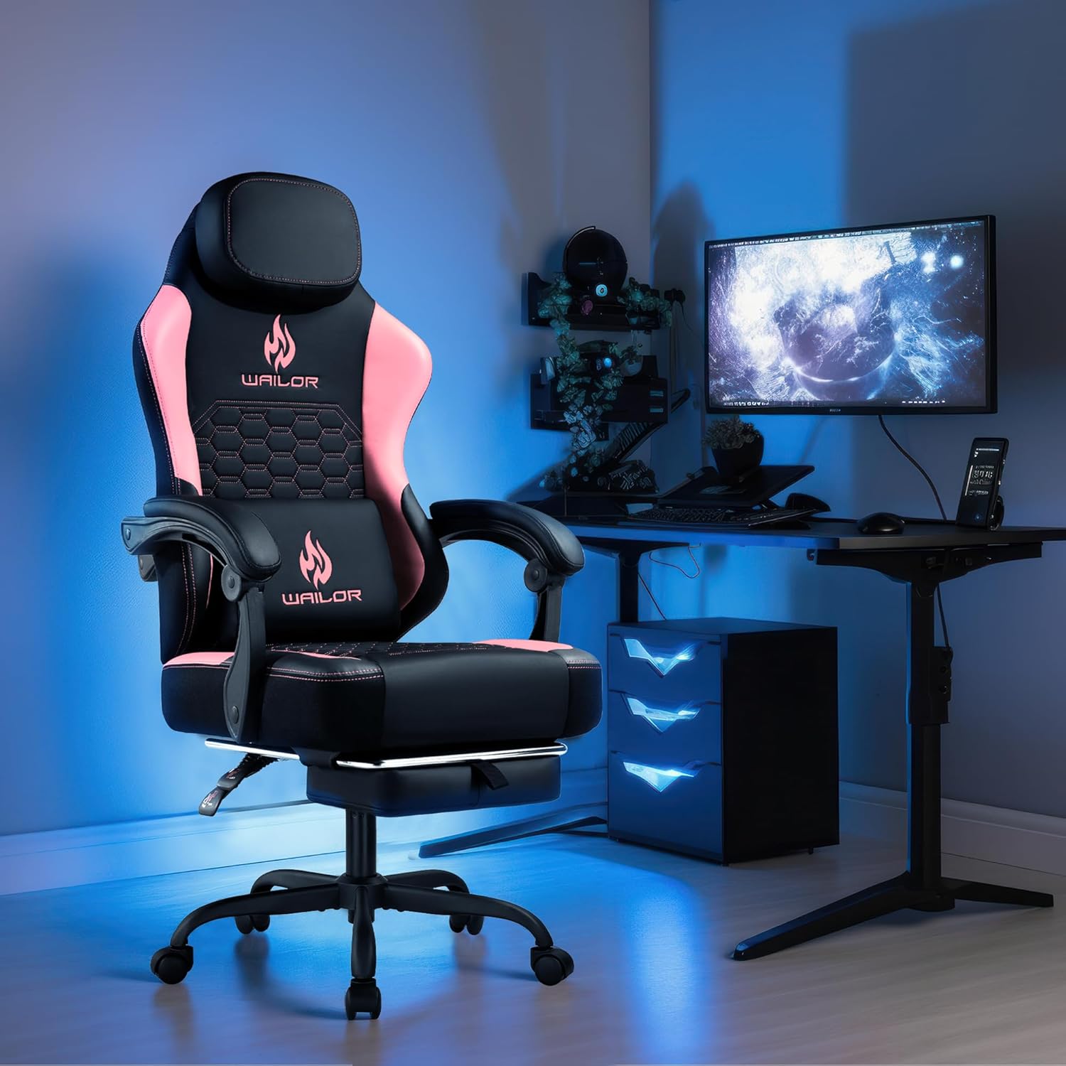 Gaming Chair with Massage and Packet Spring Cushion,Ergonomic Gamer Chairs for Adults with Footrest 300lbs,High Back Gamer Leather Chair with Headrest and Lumbar Support
