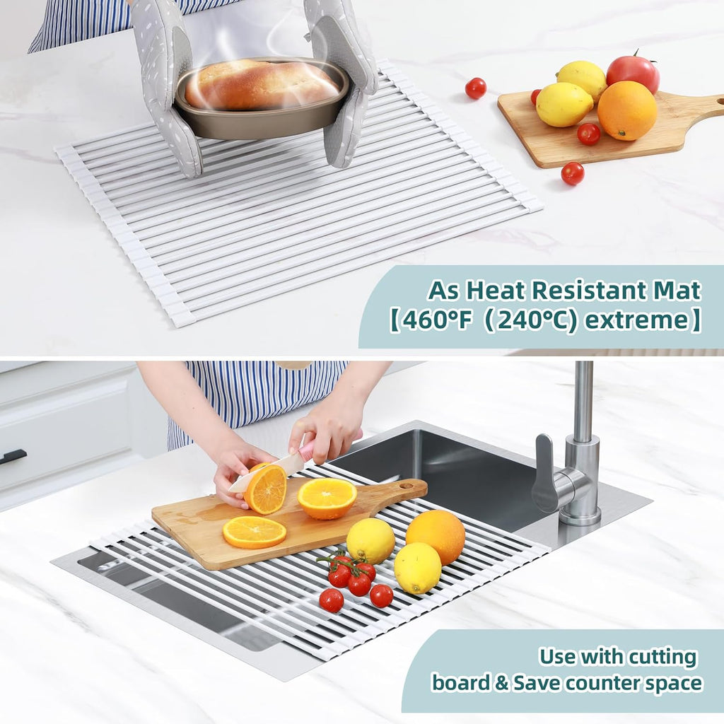 Ohuhu Over Sink Dish Drying Rack, 17.6" W x 15.4" L Roll Up Dish Racks Kitchen Sink Organizer Silicone Wrapped Large in Sink Dish Drying Rack Foldable Rolling Drain Mats Anti-Slip