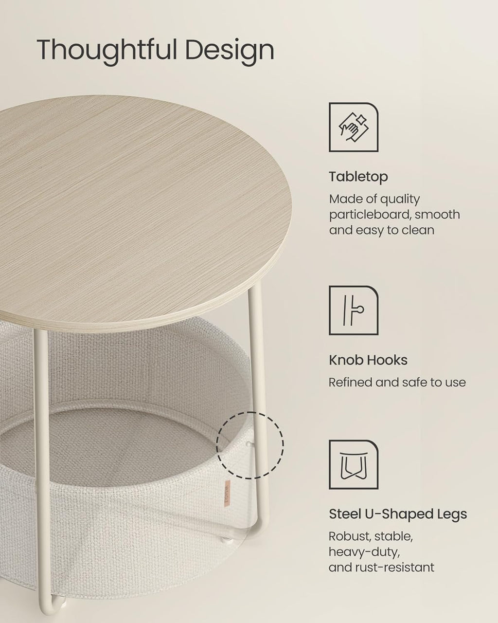 VASAGLE LILEA Collection - Small Round Side End Table, Modern Nightstand with Fabric Basket, for Living Room, Bedroom, Set of 2, Cream White ULET225LL01S