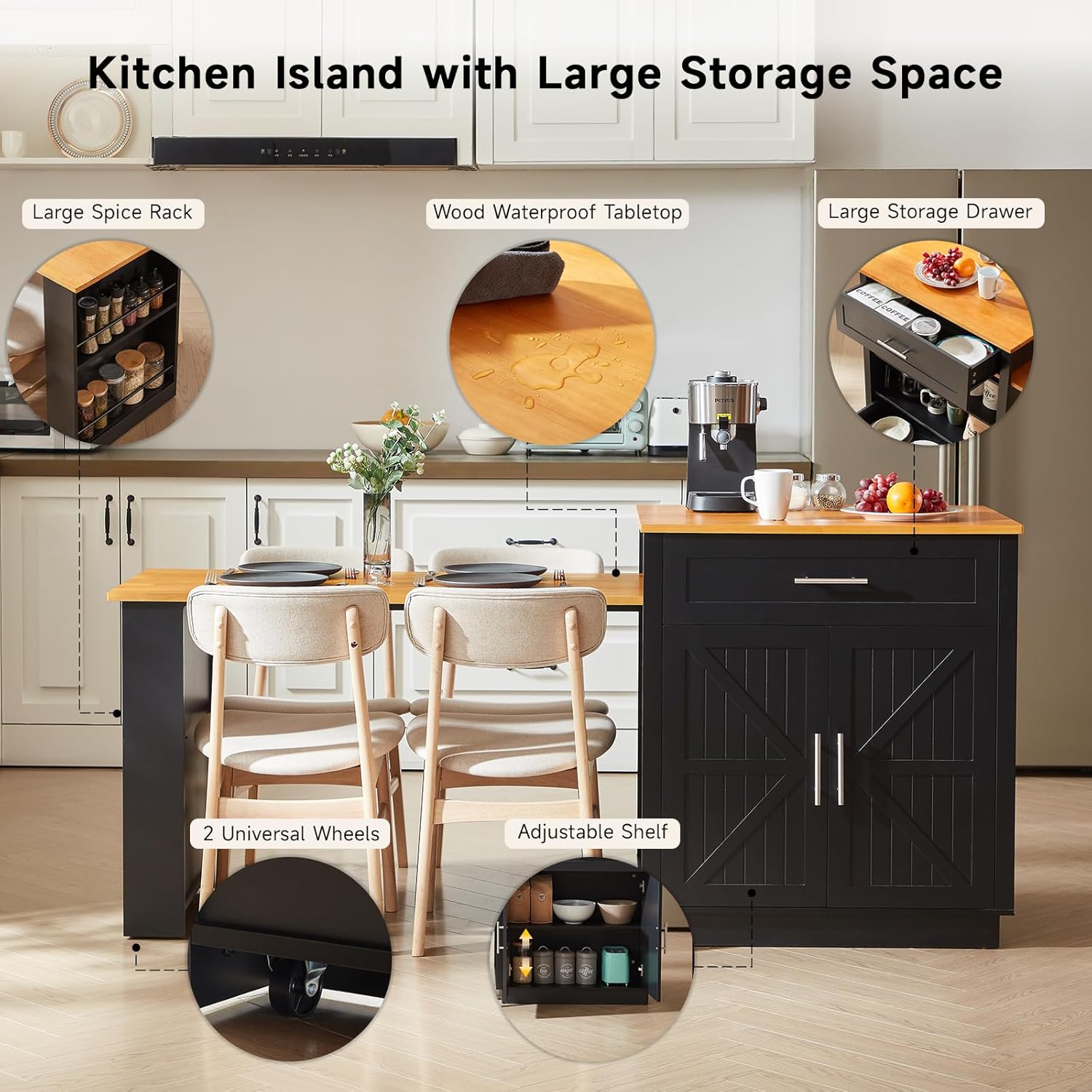 ONBRILL 76" Kitchen Islands with Extendable Dining Table, 2-4 Island Table with Double-Side Storage, Mobile Storage Islands Cart with Power Outlet & Spice Rack, Black