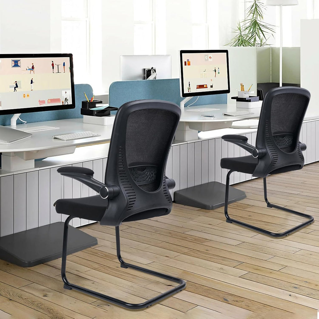 CLATINA Office Guest Chair Sled Base, Ergonomic Mesh Desk Chair Adjustable Lumbar Support and Flip Up Arms, Office Guest & Reception Chairs no Wheels for Conference Room, Black (1PK)