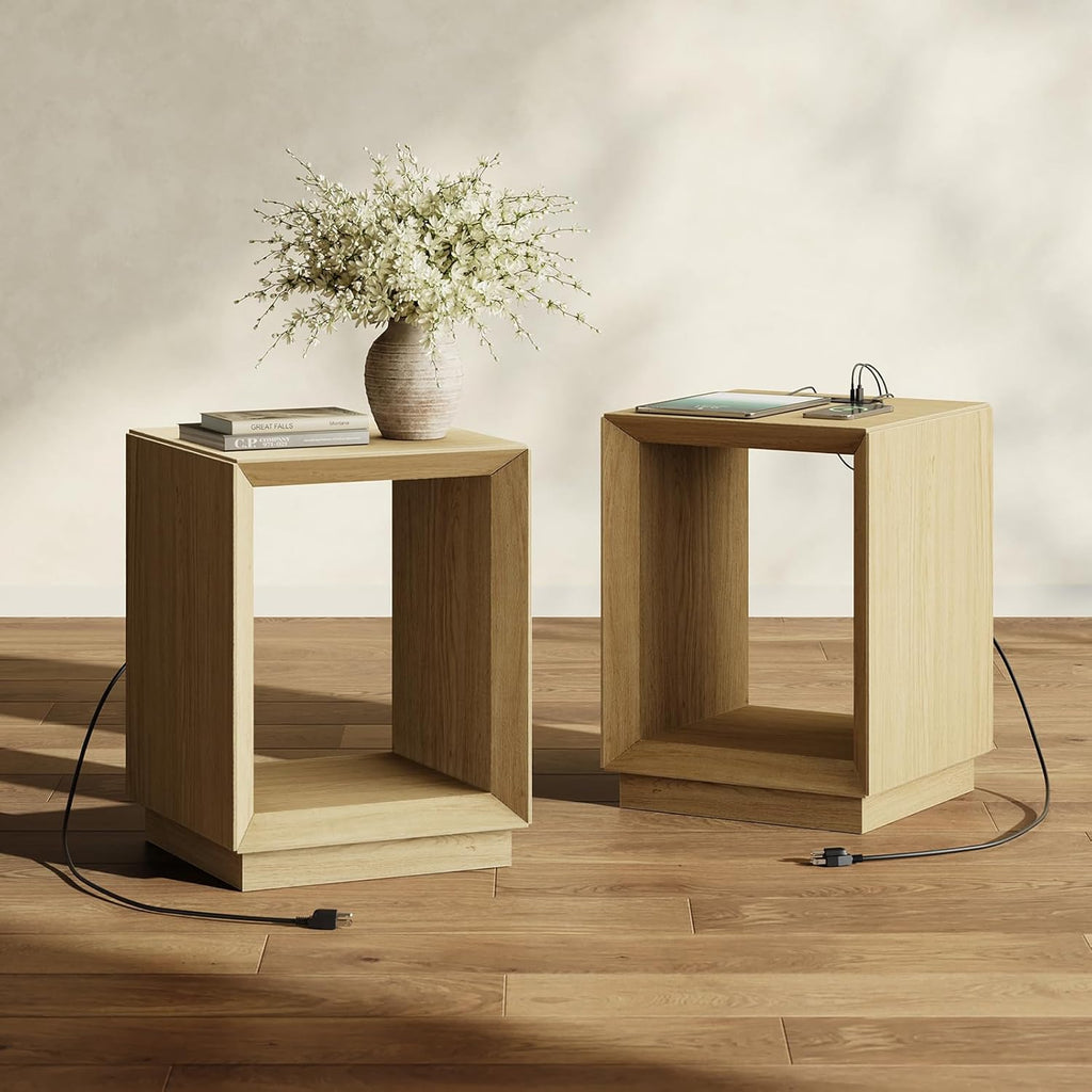 ModernMate End Table with Charging Station, 2-Tier Side Table with Open Storage, Wood Nightstand with USB Ports & Outlets, Modern Bedside Table for Bedroom Living Room, Easy Assembly, Natural Wood