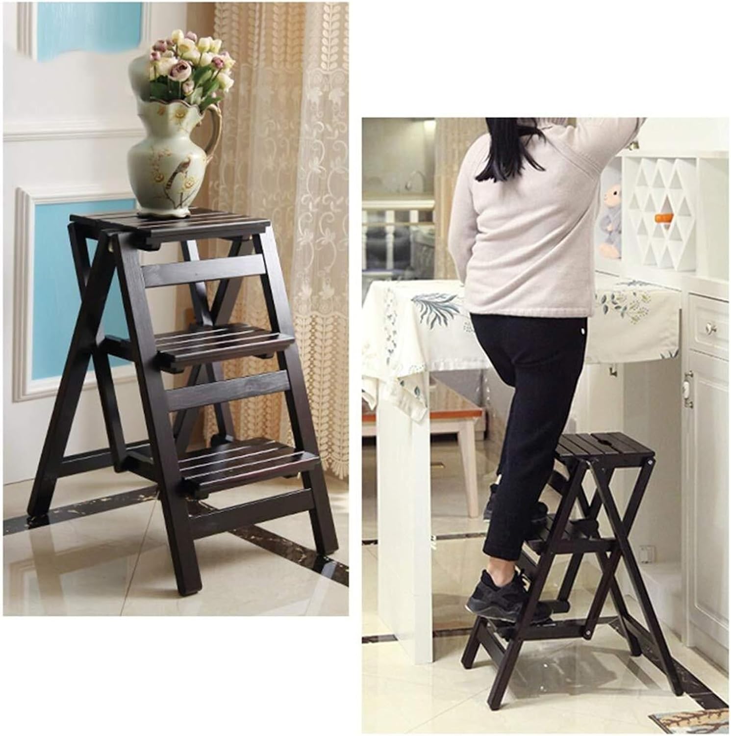 Step Stool 3-Step Walnut Wooden Folding Stepladder & Step Stool - Dual-Use Safety Ladder for Home Kitchen & Library
