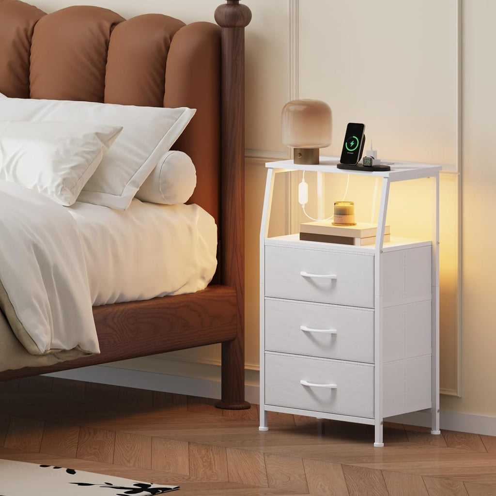 Somdot Nightstand with Charging Station, Smart LED Light, 3 Fabric Drawers | Tall Storage Organizer, Bedside Table, Bedroom, Kids Room, Dorm, Closet, Laundry, Entryway, White