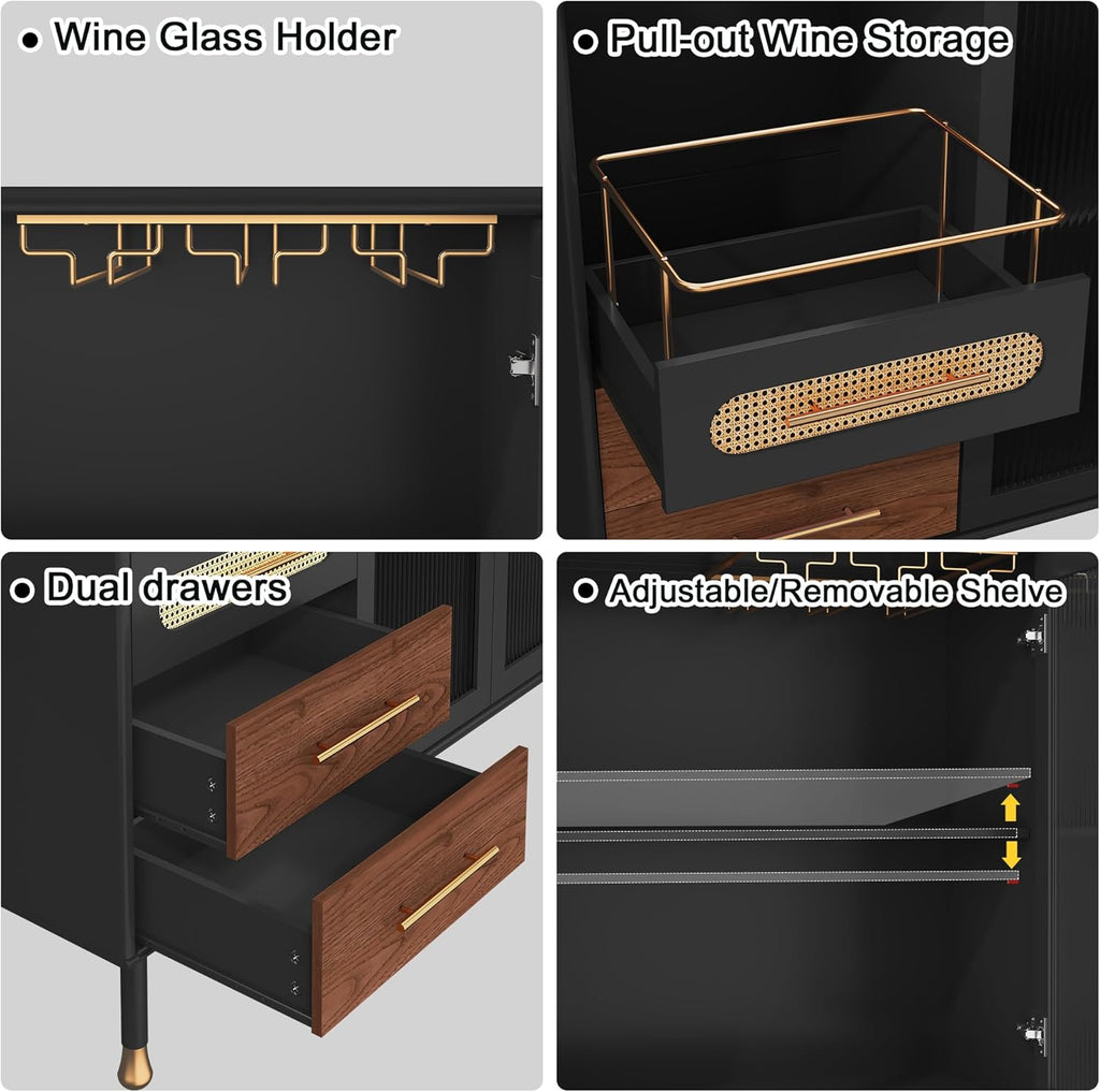 ARTPOWER 48" Coffee Bar Cabinet with Wine Racks and Drawers, Modern Buffet Sideboard with Pull-Out Wine Storage, Liquor Bar Cart for Kitchen, Dining Room, Living Room (Black)