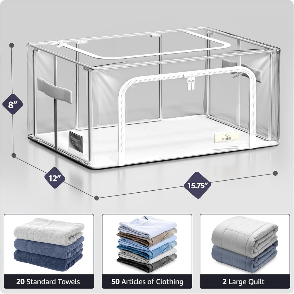 Sorbus Storage Bins with Metal Frame - Stackable & Foldable Clothes Organizer Bags - Clear Soft Plastic Storage Containers (4 Pack, Small)