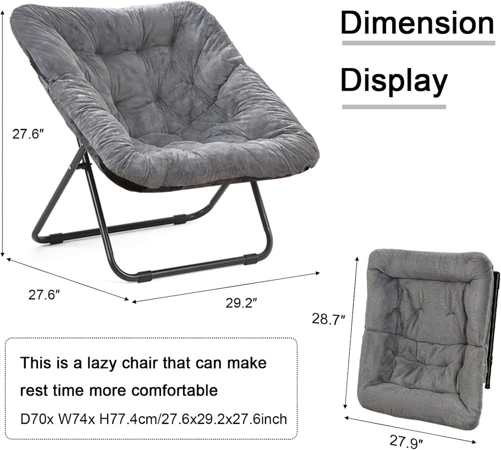 Grezone Folding Comfy Saucer Chair,Soft Faux Portable Folding Bedroom Chair for Bedroom, Dorm Rooms, Apartments, Lounging, Garden,Grey