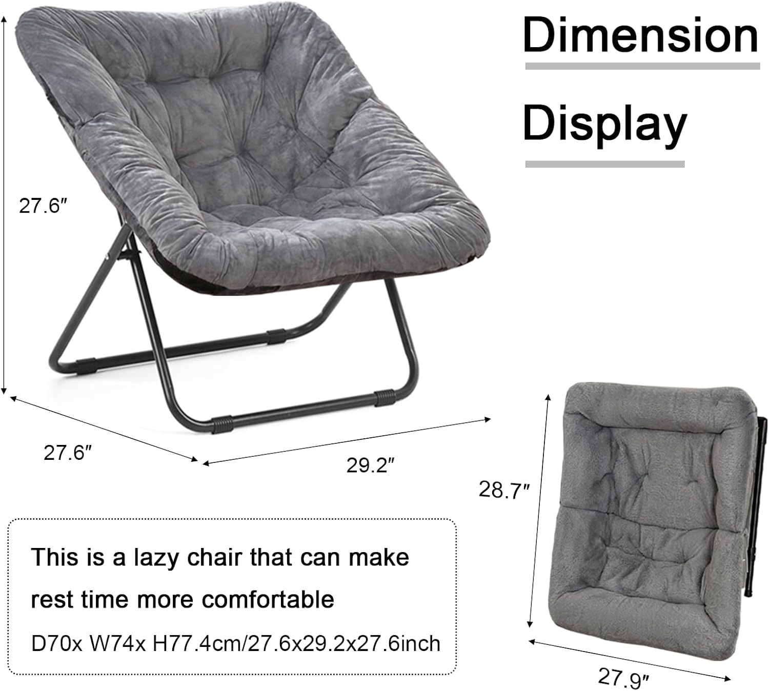 Grezone Folding Comfy Saucer Chair,Soft Faux Portable Folding Bedroom Chair for Bedroom, Dorm Rooms, Apartments, Lounging, Garden,Grey