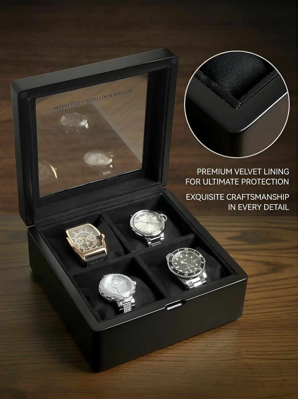 WB814-BK 4-Slot Walnut Wood Watch Box for Men with Glass Lid, Velvet-Lined Solid Wood Timepiece Storage Organizer Gift Idea
