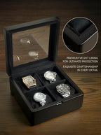 WB814-BK 4-Slot Walnut Wood Watch Box for Men with Glass Lid, Velvet-Lined Solid Wood Timepiece Storage Organizer Gift Idea