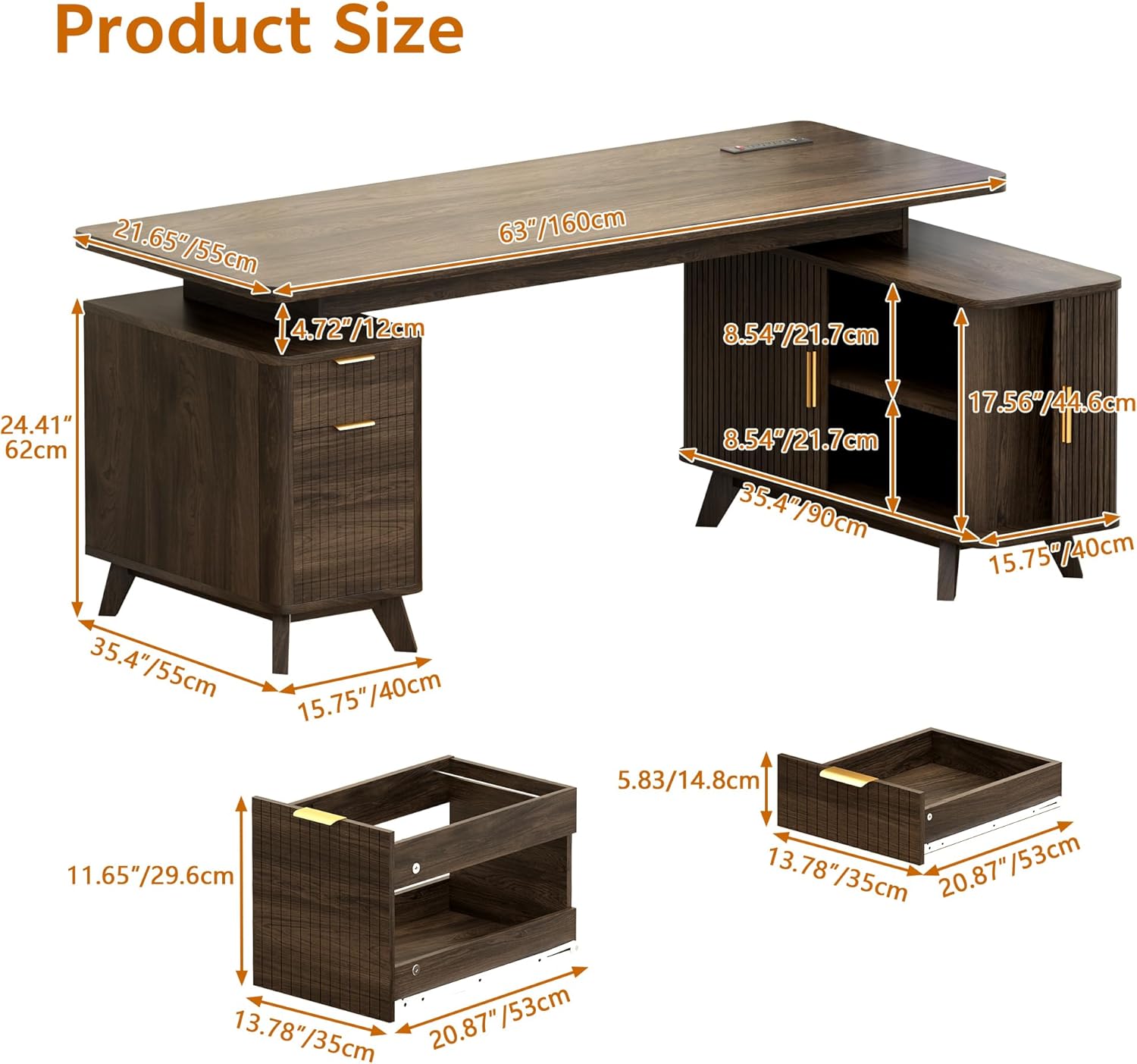 Farmhouse L Shaped Executive Desk with Drawers & Sliding Doors Fluted Storage Cabinet, 63" Corner Computer Desk with Power Outlets (4 AC & USB/Type-C), Reversible Home Office Desk, Brown
