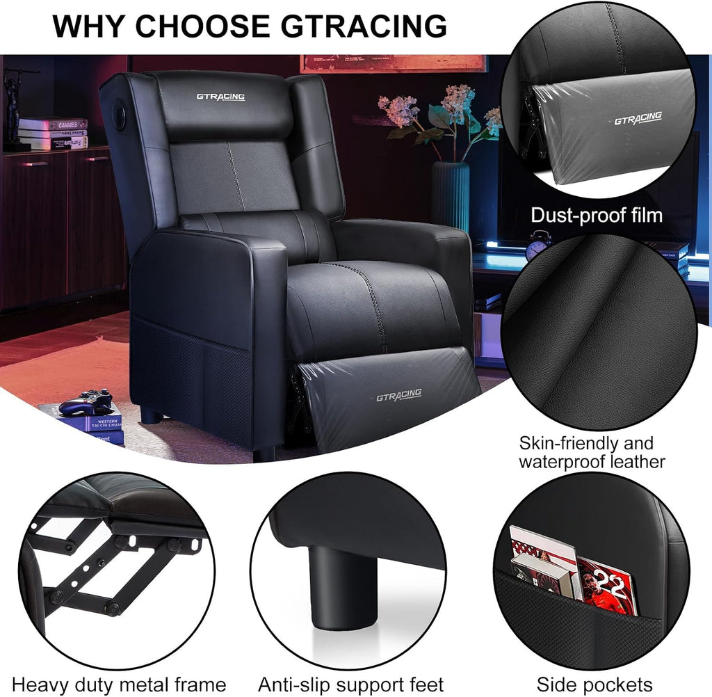 GTRACING Gaming Recliner Chair with Bluetooth Speakers Racing Style Single Gaming Sofa Modern Living Room Recliners Ergonomic Comfortable Massage Home Theater Seating, Black