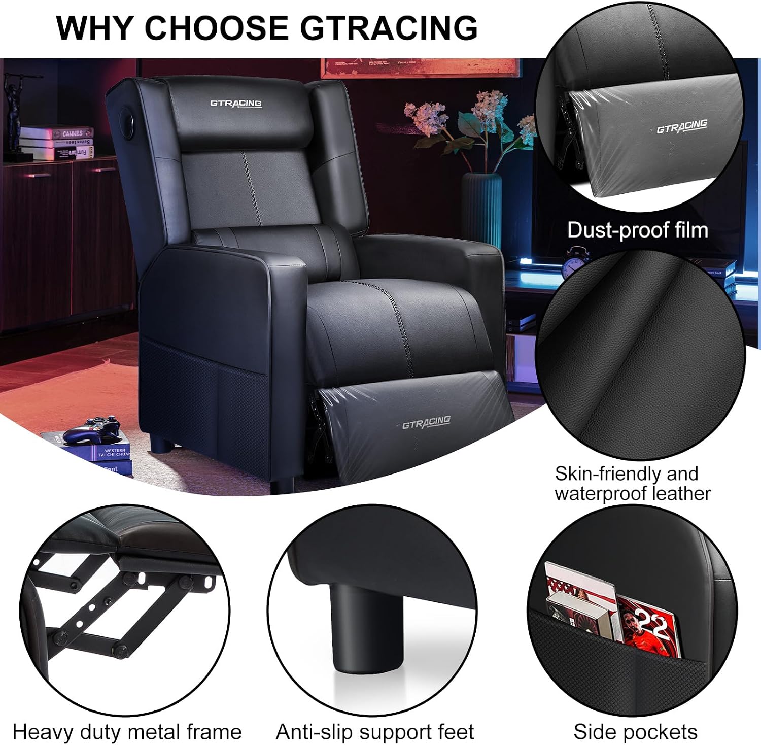 GTRACING Gaming Recliner Chair with Bluetooth Speakers Racing Style Single Gaming Sofa Modern Living Room Recliners Ergonomic Comfortable Massage Home Theater Seating, Black