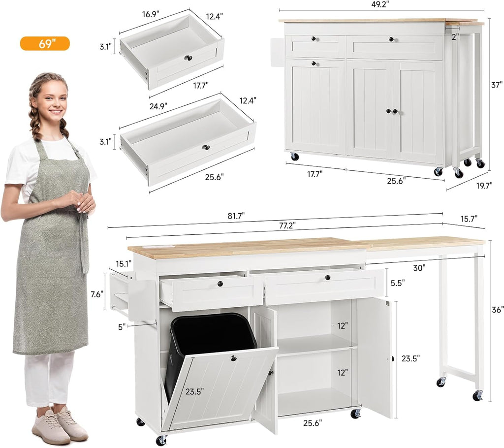 ONBRILL Kitchen Islands with Extendable Dining Table, 81.7" Mobile Kitchen Storage Islands, Rolling Kitchen Cart with Trash Cabinet, Power Outlet, Spice Rack & Towel Rack, White
