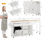 ONBRILL Kitchen Islands with Extendable Dining Table, 81.7" Mobile Kitchen Storage Islands, Rolling Kitchen Cart with Trash Cabinet, Power Outlet, Spice Rack & Towel Rack, White
