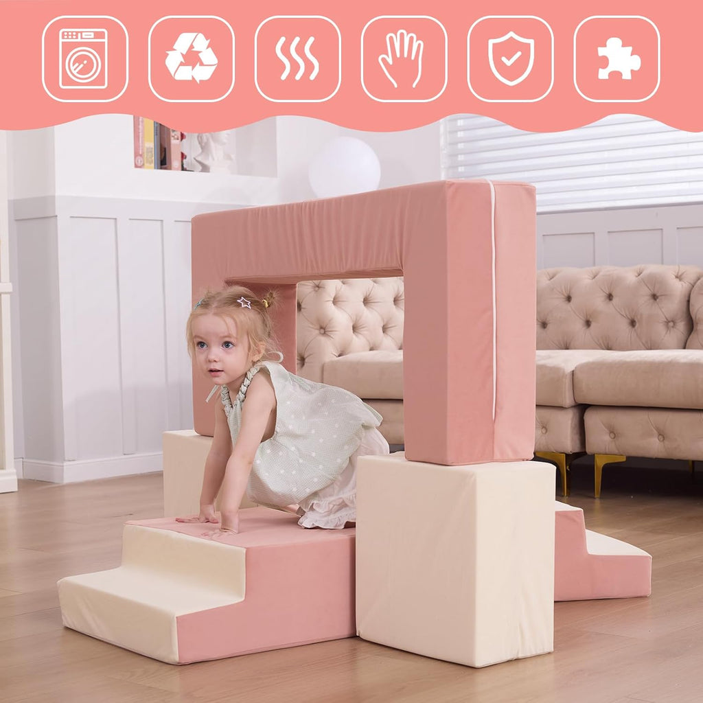 Kids Couch, Modular Toddler Couch for Playroom, Kids Sofa with Ottomans, Foam Play Blocks with Stair and Ramp, Convertible Plush Sofa, Removable Cover
