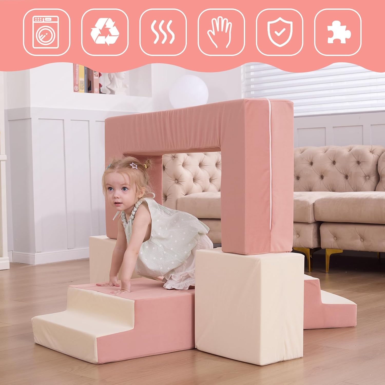 Kids Couch, Modular Toddler Couch for Playroom, Kids Sofa with Ottomans, Foam Play Blocks with Stair and Ramp, Convertible Plush Sofa, Removable Cover