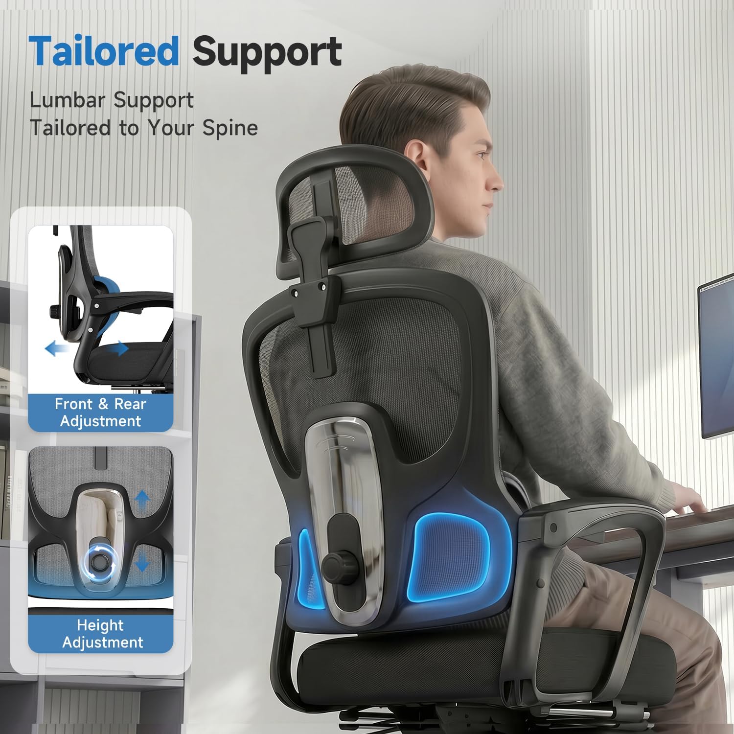 Ergonomic Office Chair with Footrest, 90-145° Reclining Gaming Chair with Adjustable Lumbar Support & Headrest, High Back Mesh Computer Chair for Home Office, 350lbs Capacity