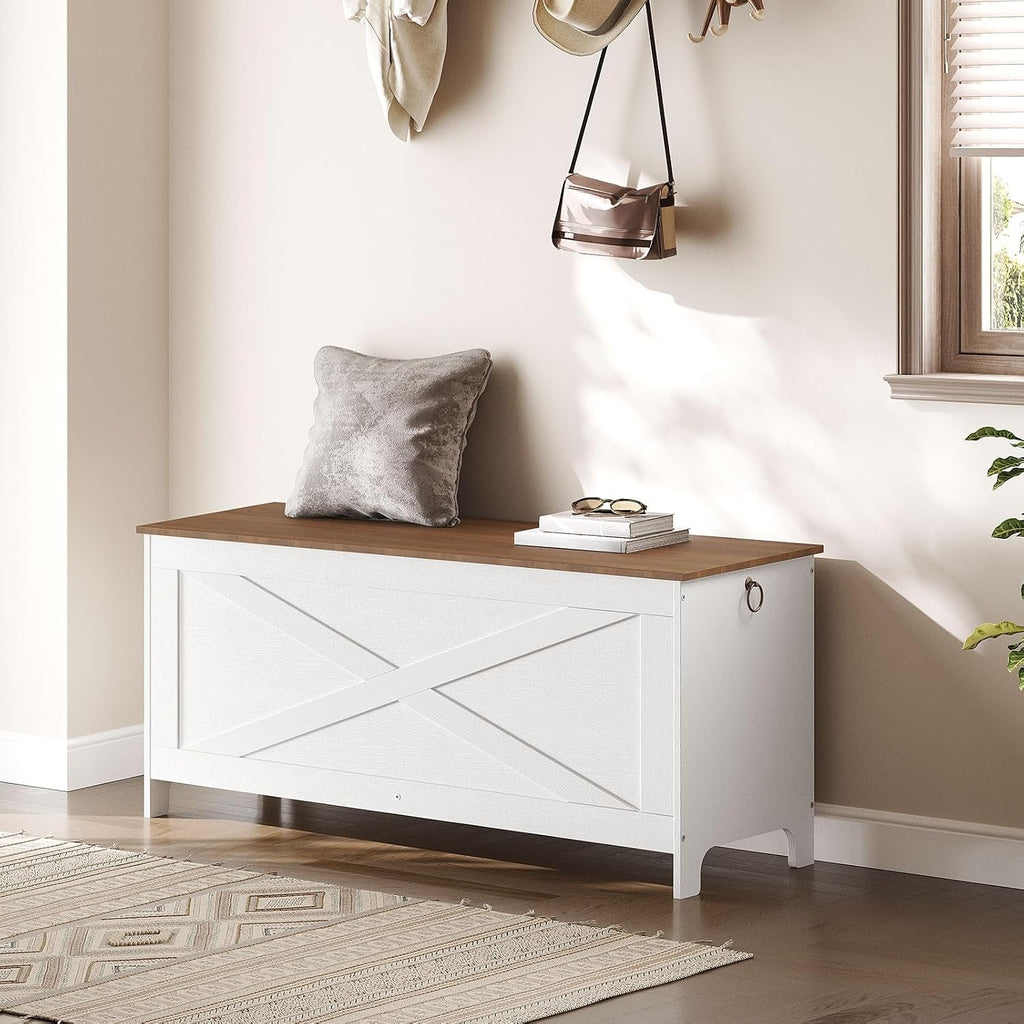 MAHANCRIS 39.4" Toy Chest, Sturdy Entryway Storage Chest with Safety Hinges, Retro Toy Box, Wooden Look Accent Furniture for Living Room, Bedroom, White+Walnut SCBZ48101