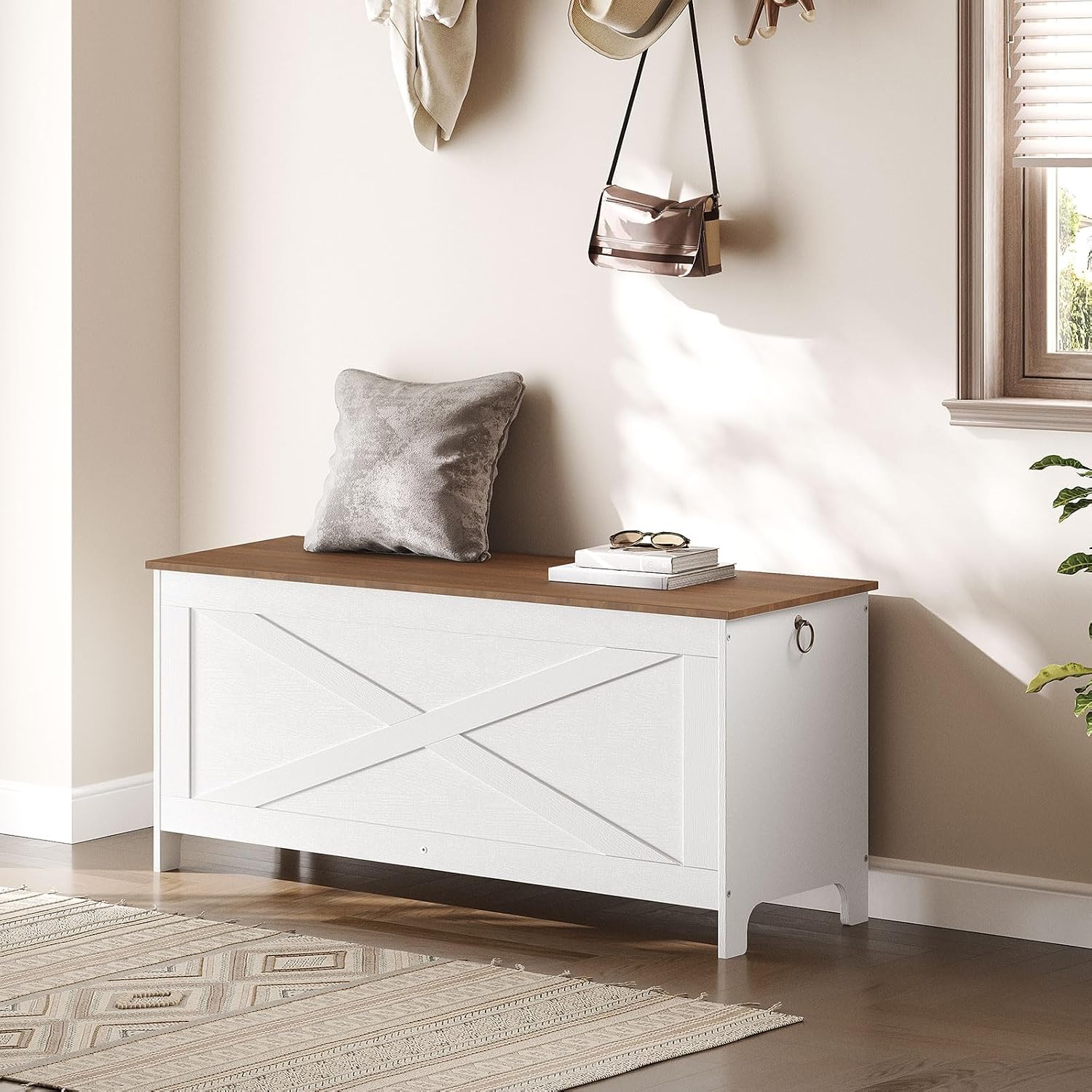MAHANCRIS 39.4" Toy Chest, Sturdy Entryway Storage Chest with Safety Hinges, Retro Toy Box, Wooden Look Accent Furniture for Living Room, Bedroom, White+Walnut SCBZ48101