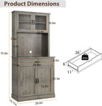 71” Kitchen Pantry Storage Cabinet with Glass Doors and Microwave Stand, Freestanding Tall Kitchen Cabinet with Adjustable Shelves for Dining Room, Grey